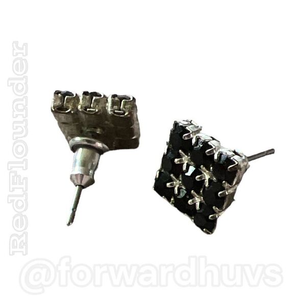 Silver Tone Square Earrings with Dark Blue & Clear Rhinestone - Picture 4 of 9